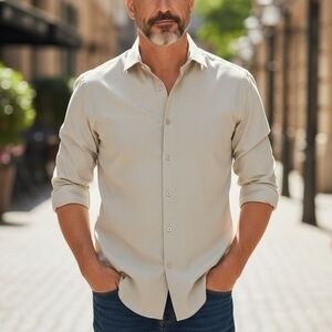 Bachrach Men's Light Beige Casual Button Down Shirt